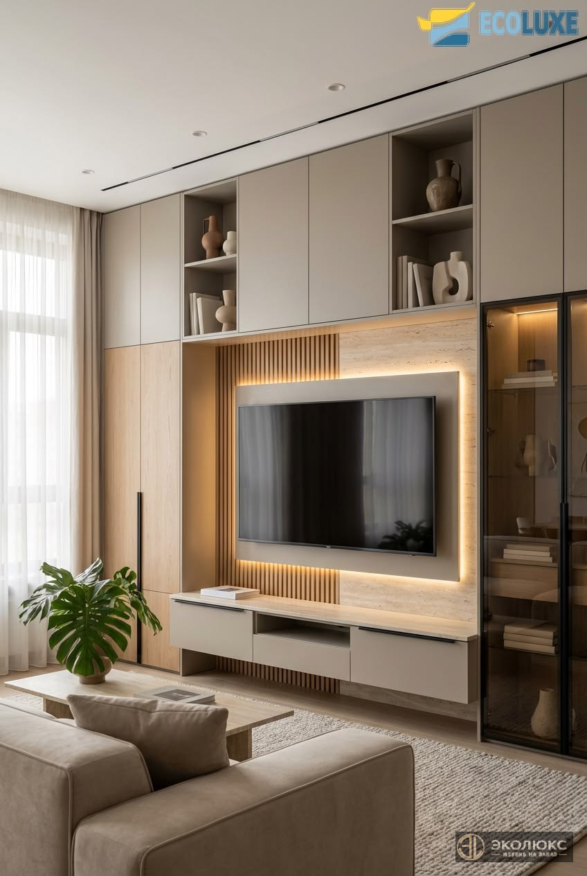 Современная ТВ-зона с подсветкой и шкафами