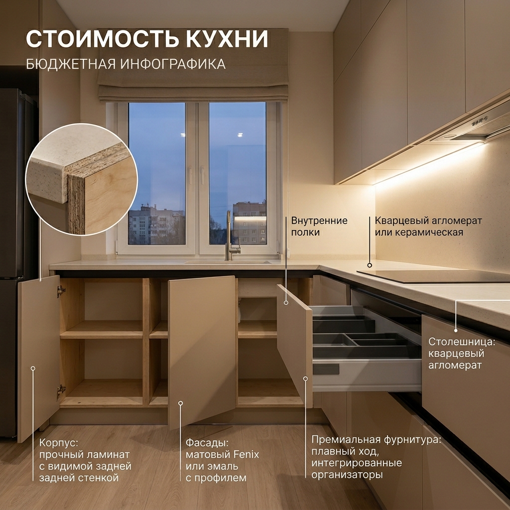Честная математика кухни 2026: из чего складывается цена (корпус, фасады, фурнитура, техника, столешница, монтаж)