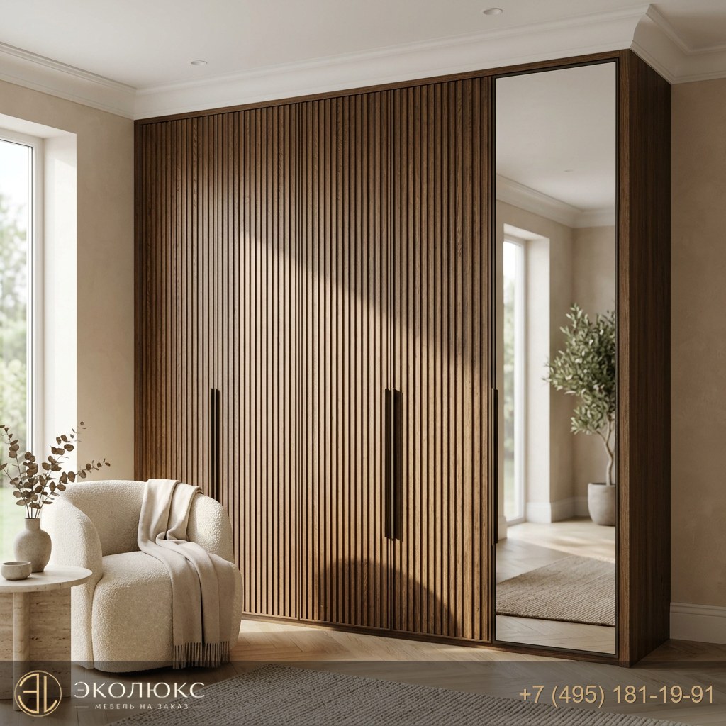 Встроенный шкаф с рифлёными фасадами и зеркалом